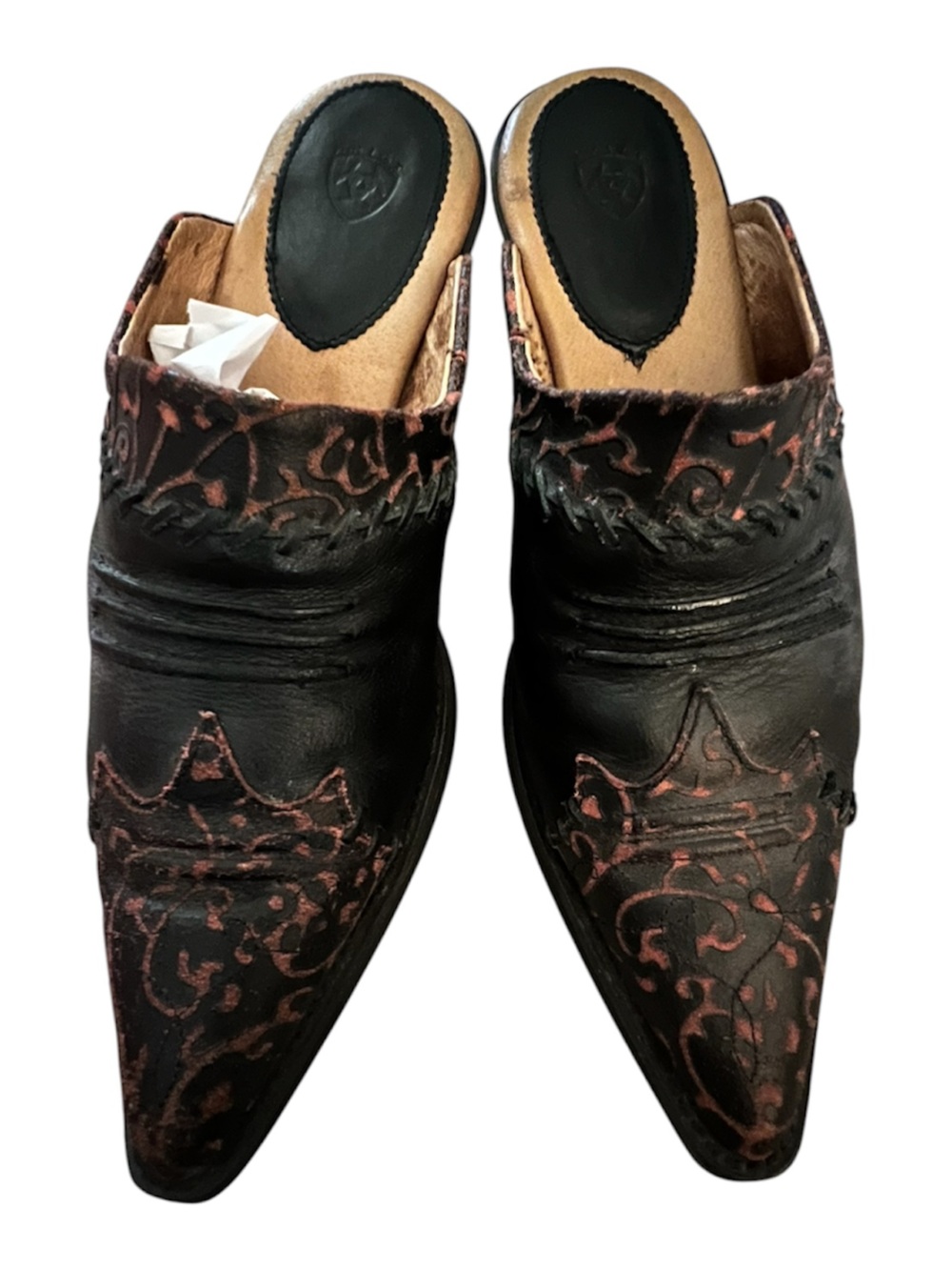 Ariat Western Black Leather Pointed Slip-On Loafers with Red Detailing 8B